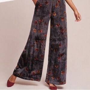 Anthropologie Velvet Wide Leg Pants - Gray and Orange Floral